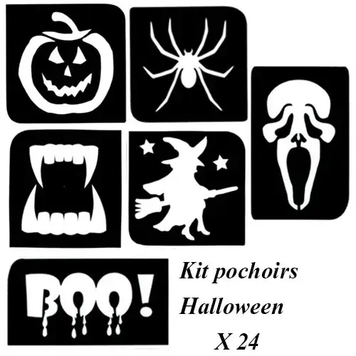 Kit pochoir Halloween avec 24 modèles adhésifs : citrouille, sorcière, masque, dent de vampire, BOO ! et araignée pour tatouages pailletés éphémères.