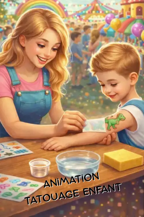 Atelier créatif où un enfant se fait poser un tatouage éphémère en décalcomanie à l’aide d’une éponge