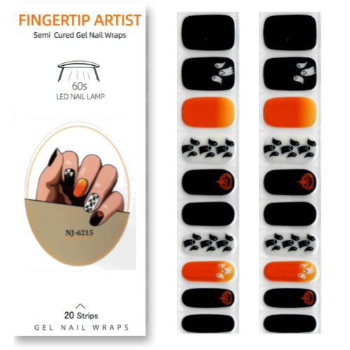 20 bandes de vernis gel autocollantes Halloween avec motifs citrouilles et fantômes, finition brillante, pour une manucure rapide et festive.