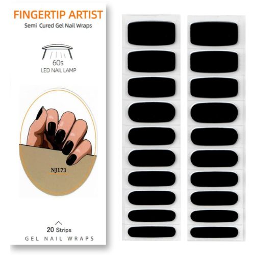 Planche de 20 bandes de vernis gel noir ébène brillantes, prêtes à poser pour une manucure élégante et moderne, finition lisse et soignée.