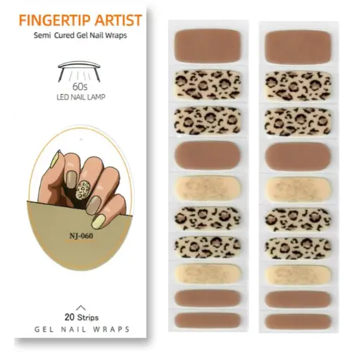 Bandes de vernis gel UV Safari avec motifs panthère, nude et pailleté – kit 20 bandes autocollantes pour manucure semi-permanente maison.
