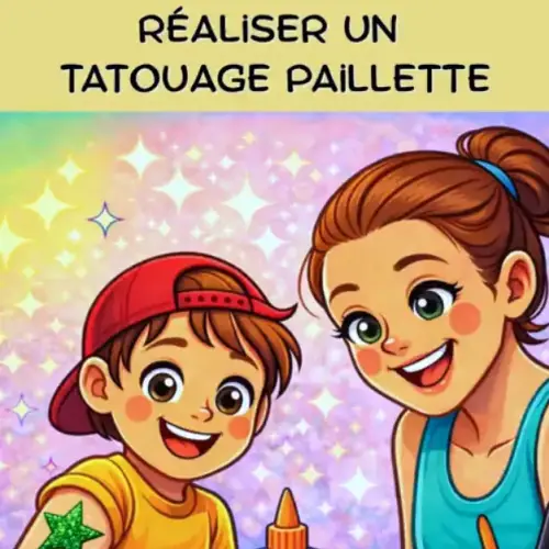 Réalisation d’un tatouage pailleté avec pochoir, colle à paillettes et application de paillettes scintillantes sur la peau.