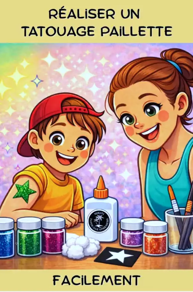 faire-un-tatouage-paillete-enfant-mikiti-tattoo Tutoriel montrant la réalisation d’un tatouage pailleté éphémère pour enfant avec un pochoir adhésif, application de colle cosmétique et paillettes colorées.