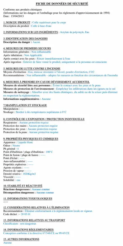 Fiche de données de sécurité (FDS) pour colle cosmétique, document détaillant la composition, les précautions d'utilisation, et les mesures de sécurité en cas d'urgence.