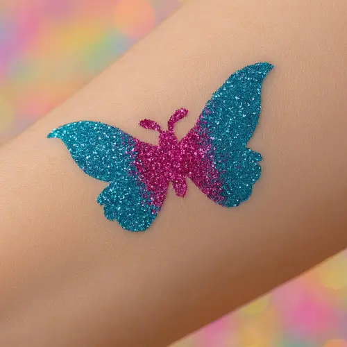 Tatouage pailleté en forme de papillon réalisé avec un pochoir adhésif, appliqué sur la peau avec des paillettes colorées.
