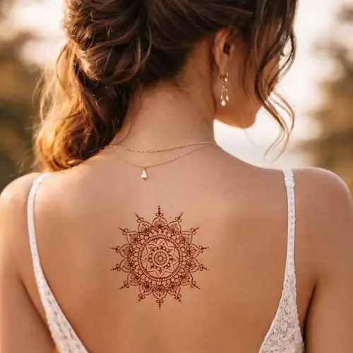 Henné tatouage mandala, motif oriental, style bohème.