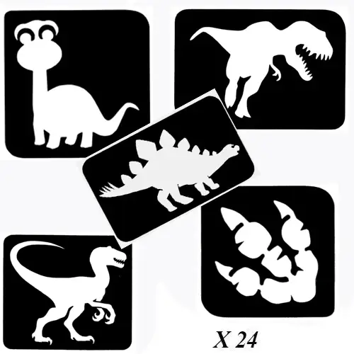 Kit de pochoirs dinosaures avec 20 motifs de dinosaures et 4 empreintes pour tatouages éphémères enfants.