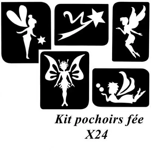 Kit de 24 pochoirs tatouage fée, incluant des motifs de fées, d’elfes et de baguettes magiques, pour créer des tatouages éphémères scintillants.
