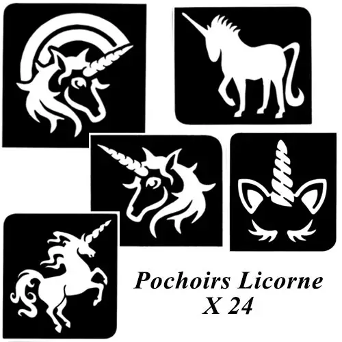 Kit pochoir tatouage éphémère licorne avec 24 pochoirs adhésifs pour créer facilement des tatouages féeriques, parfaits pour les enfants.