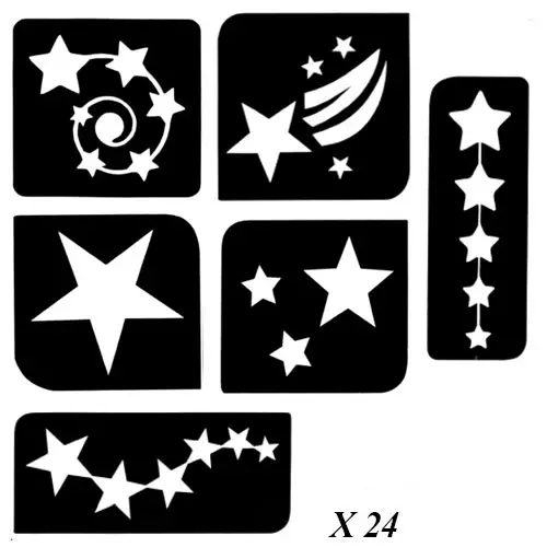 Kit de pochoirs adhésifs « étoile » pour tatouages pailletés, comprenant plusieurs modèles d’étoiles variées.