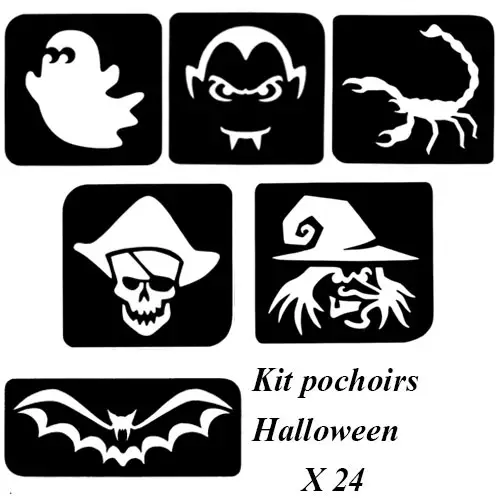 Kit pochoir tatouage Halloween avec 24 stencils adhésifs : sorcière, vampire, fantôme, chauve-souris, crâne et scorpion pour tatouages pailletés.