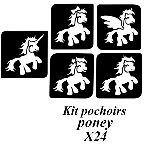 Kit pochoir tatouage Poney – ensemble de 24 pochoirs adhésifs de poneys et de petites licornes, pour créer des tatouages temporaires scintillants.