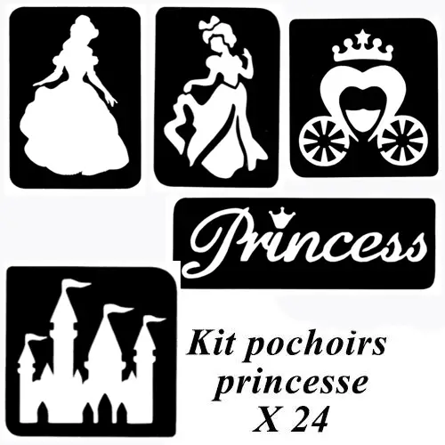 Kit de pochoirs tatouage princesse avec motifs château, carrosse et princesses pour réaliser des tatouages éphémères pour enfants.