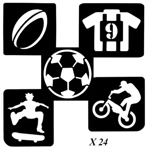 Kit de 24 pochoirs adhésifs sport pour tatouages temporaires pailletés avec motifs football, rugby, VTT, maillot et skateboard.