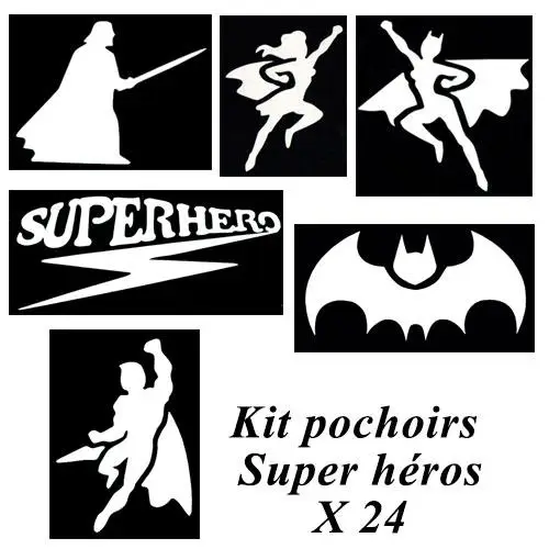 Kit pochoir tatouage super héros avec 24 stencils adhésifs pour créer des tatouages éphémères – idéal pour les enfants et les fêtes.