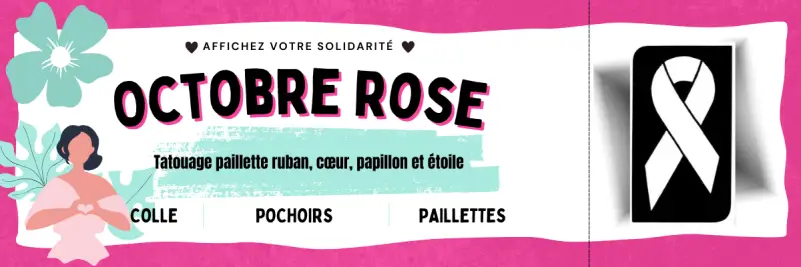 Tatouage temporaire pailleté ruban octobre rose – soutien à la lutte contre le cancer du sein.