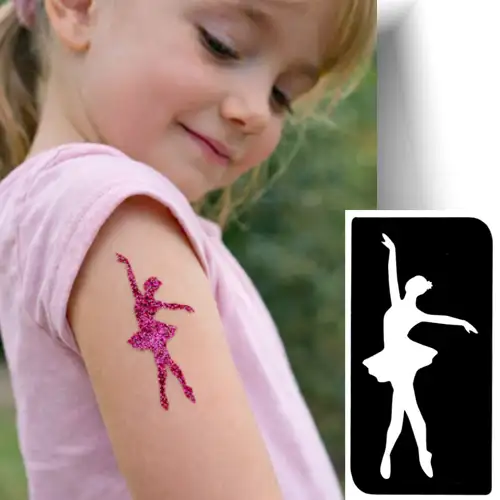 Pochoir adhésif en forme de danseuse pour réaliser un tatouage pailleté. Idéal pour les animations et les passionnés de danse.