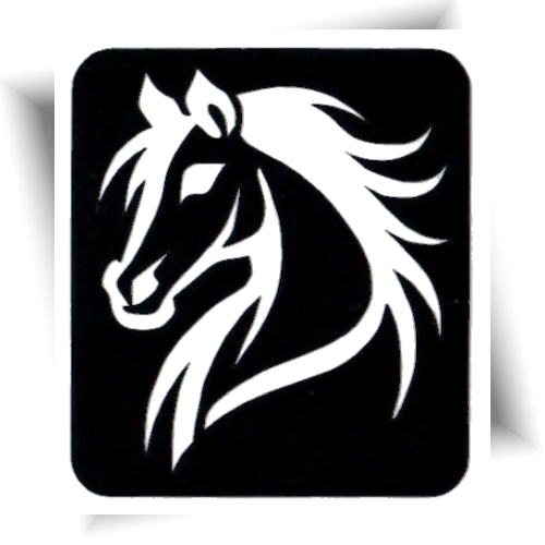 Pochoir adhésif motif tête de cheval pour tatouage éphémère avec paillettes, encre ou peinture corporelle.