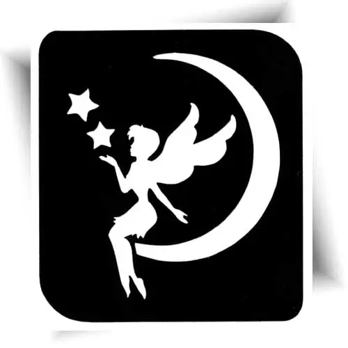 Pochoir adhésif représentant une fée assise sur un croissant de lune, pour créer des tatouages pailletés éphémères.