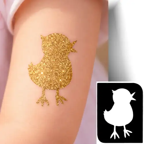 Ajoutez un peu de bonheur avec notre Pochoir poussin Joyeux ! Un design adorable pour réaliser un tatouage éphémère pailleté !