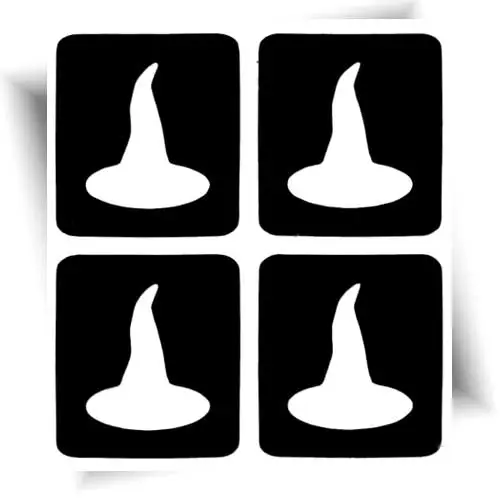 Pochoir adhésif chapeau de sorcière – 4 motifs identiques pour réaliser facilement des tatouages éphémères Halloween.