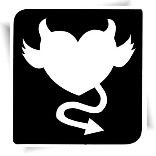 Pochoir tatouage cœur diable avec ailes, cornes et queue, parfait pour des tatouages éphémères avec paillettes.