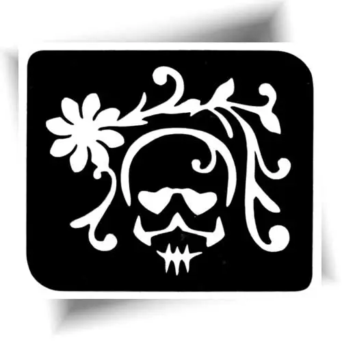 Pochoir tatouage crâne rock – tête de mort stylisée avec yeux en cœur et fleur, stencil adhésif pour réaliser un tatouage éphémère.