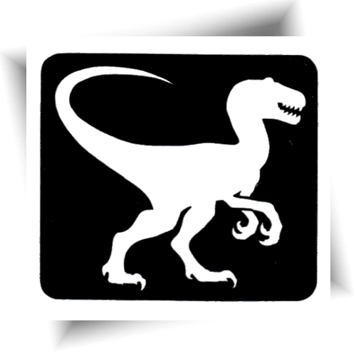 Pochoir dinosaure pour tatouage temporaire, idéal pour les enfants fans de dinos, compatible avec des paillettes et de l'encre corporelle.