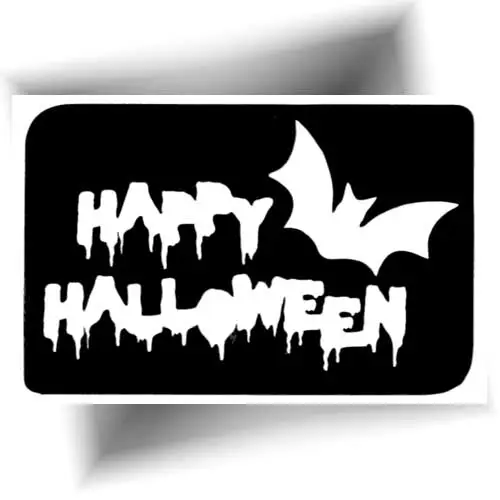 Pochoir adhésif Happy Halloween avec inscription et chauve-souris pour tatouage éphémère pailleté ou maquillage festif.