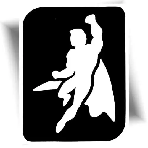 Pochoir tatouage éphémère homme volant pour enfants, parfait pour créer des tatouages avec des paillettes, de l'encre cosmétique ou des fards gras, inspiré d'un personnage de comics.