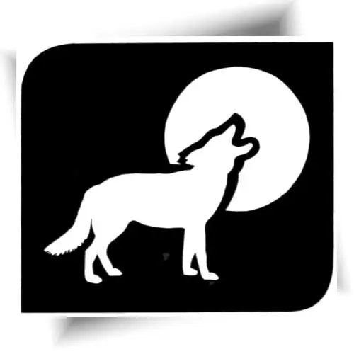 Pochoir adhésif pour tatouage temporaire représentant un loup, utilisé avec des paillettes ou du maquillage cosmétique pour enfants.