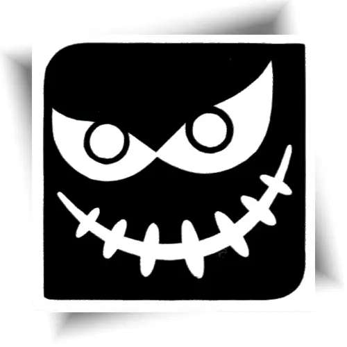 Pochoir adhésif représentant deux grands yeux et une bouche de monstre, utilisé pour créer un tatouage pailleté temporaire spécial Halloween.
