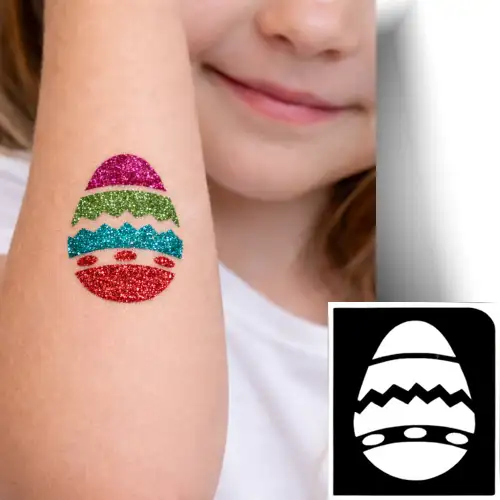 Pochoir adhésif œuf printanier pour tatouages éphémères avec paillettes ou encre cosmétique, idéal pour les fêtes de Pâques et animations festives.
