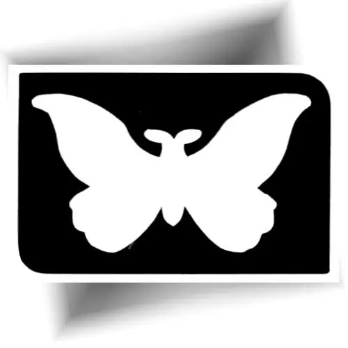 Pochoir adhésif en forme de papillon pour tatouage temporaire, compatible avec paillettes cosmétiques, fards gras et encres corporelles.