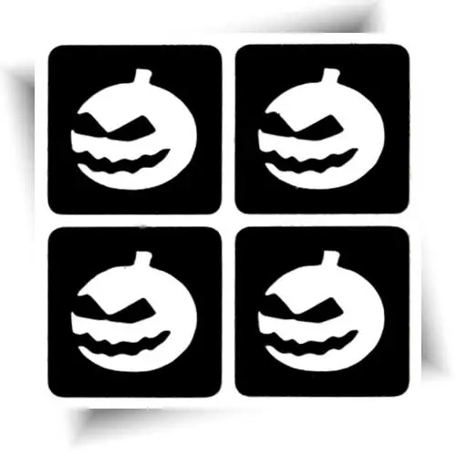 Pochoir tatouage petites citrouilles – stencil adhésif avec 4 motifs identiques de citrouilles pour réaliser des tatouages éphémères pour Halloween.