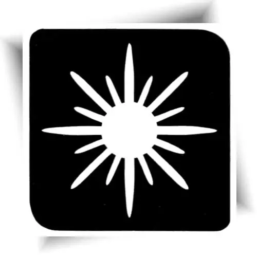 Réalisez facilement un tatouage temporaire avec le pochoir adhésif soleil étincelant, idéal pour les fêtes et animations.