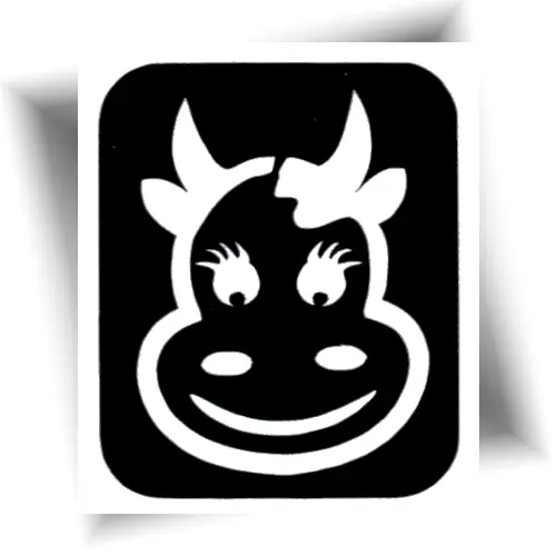 Pochoir adhésif vache coquette en forme de tête de vache souriante, conçu pour réaliser des tatouages temporaires avec des paillettes ou de la peinture corporelle.