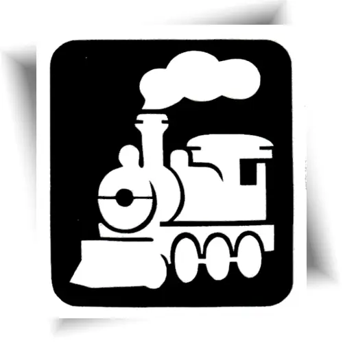 Pochoir adhésif train à vapeur pour tatouage éphémère enfant, stencil autocollant sur le thème des locomotives et des transports.