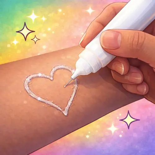 Réaliser un tatouage éphémère pailleté à main levée avec de la colle cosmétique et des paillettes.