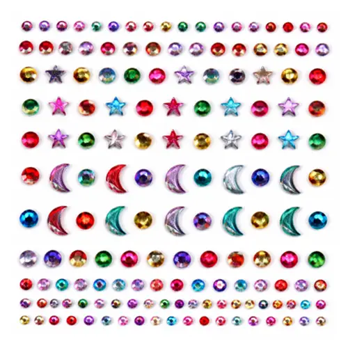 Strass autocollants multicolores en forme de lune, étoile et rond pour maquillage, tatouage éphémère et décoration de peau – 148 pièces.