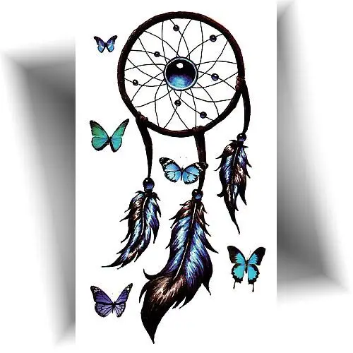 Tatouage éphémère attrape-rêve et papillon bleu et noir, petit tatouage temporaire facile à appliquer.