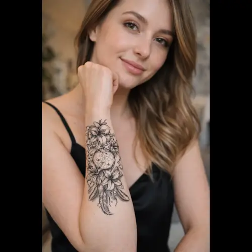Tatouage temporaire rêve fleuri noir et gris représentant un attrape-rêve orné de fleurs de lys, au style féminin et ultra réaliste.