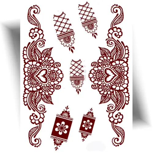 Tatouage temporaire henné brun avec 2 bracelets en forme de cœur et 5 petits motifs à appliquer sur les doigts ou les mains.