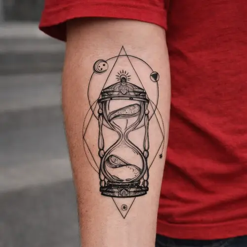 Tatouage temporaire représentant un sablier réaliste, symbole du temps qui passe et de l’instant présent.