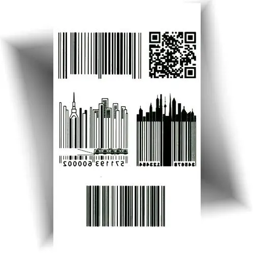 Tatouage temporaire noir composé de quatre codes-barres et d’un QR code.