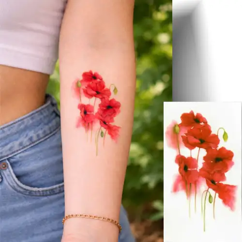 Tatouage temporaire représentant un coquelicot minimaliste.