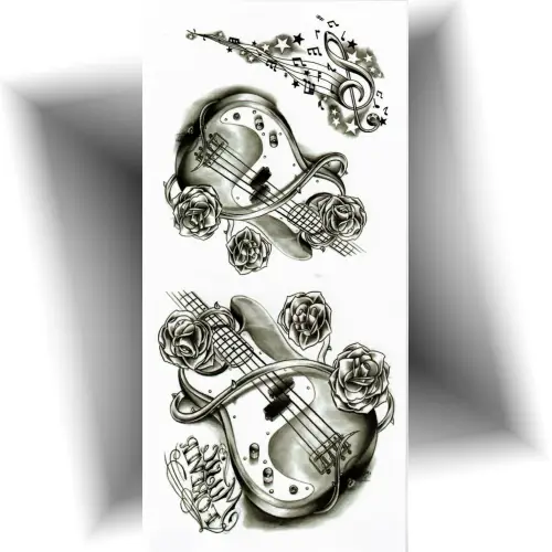 Planche de tatouages éphémères avec deux guitares noires et une clé de sol, motif musical temporaire en noir et gris.