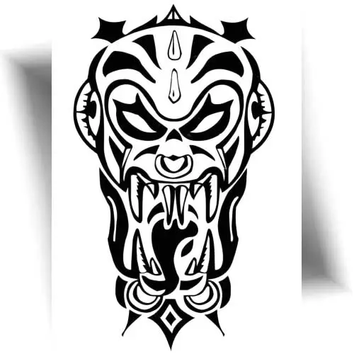 Tatouage éphémère démon tribal noir représentant un visage stylisé, idéal pour tester un futur tatouage permanent.