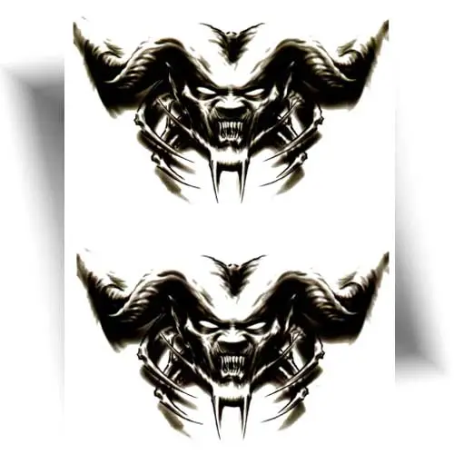 Tatouage éphémère démons maléfiques noir et gris, deux motifs identiques style réaliste.