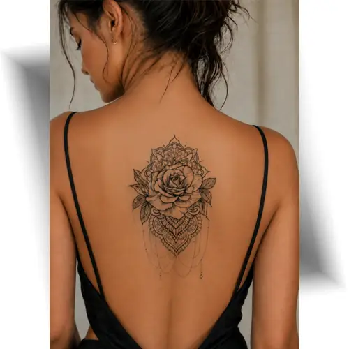 Femme portant un tatouage éphémère rose mandala noir au centre du dos, avec un motif floral et géométrique au rendu réaliste.